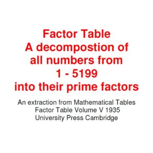 Factor Table A decompostion of all numbers from 1 - 5199 into their prime factors An extraction from Mathematical Tables Factor Table Volume V 1935 University Press Cambridge